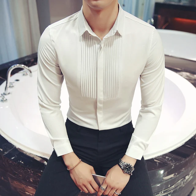 Pleated Men Wedding Shirt Slim Fit Long 