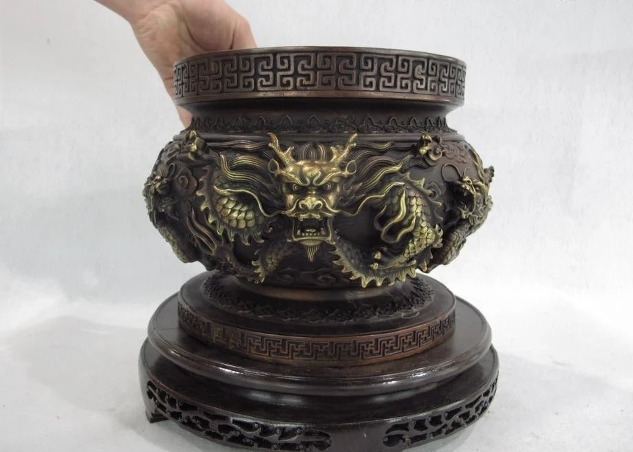 

Royal Palace Pure Red Bronze Copper Six Dragon Bowl Basin Censer incense burner
