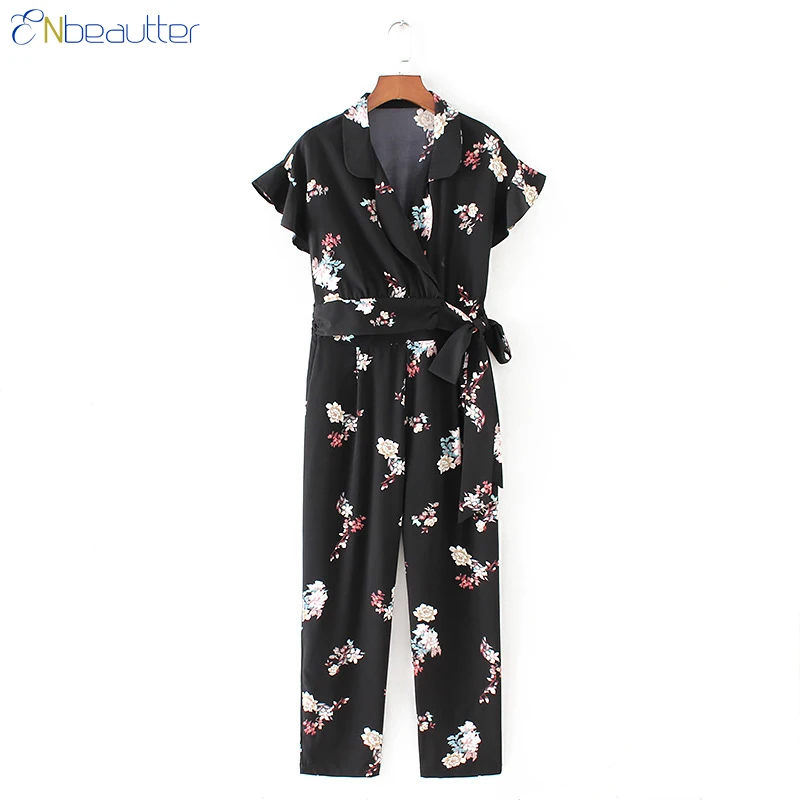 ENbeautter Jumpsuits Playsuits Women Vvintage Floral V-Neck Bow Tie Ruffled Sleeve Siamese Pants With Belt Fashion Rompers Pants