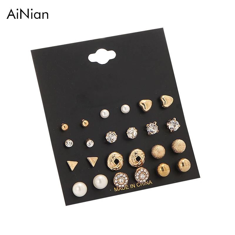 AiNian 12 Pairs Sets Round Square Ball Alloy Crystal Stud Pearl Earrings For Women Hot-selling Cute | Украшения и аксессуары