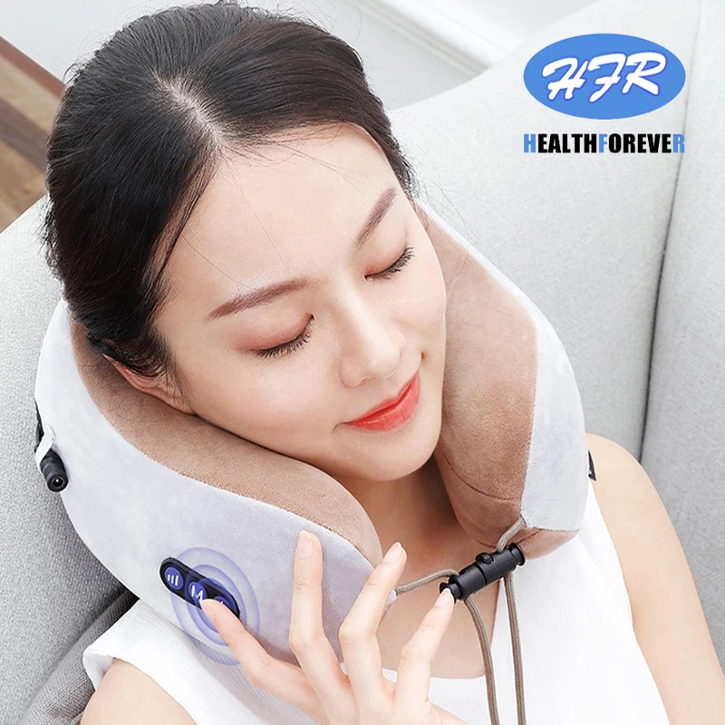 Multi-functional rechargeable neck and shoulder U type musical electric heated vibration kneading massage pillow