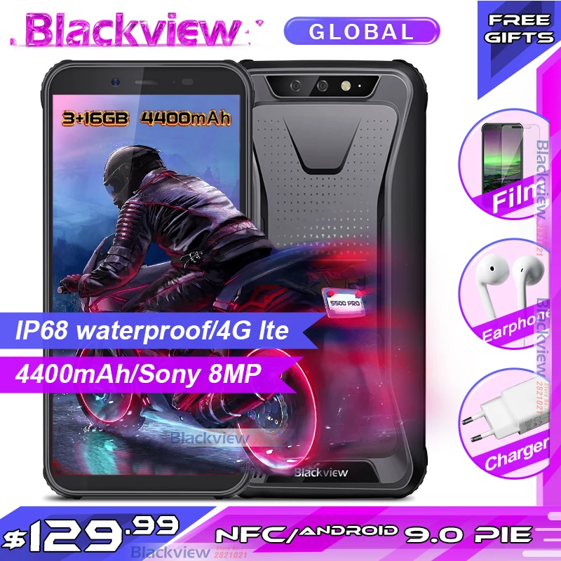 

Blackview BV5500 Pro IP68 Waterproof Rugged Smartphone 3GB 16GB 5.5" Screen Android 9.0 4G Mobile Phone 4400mAh