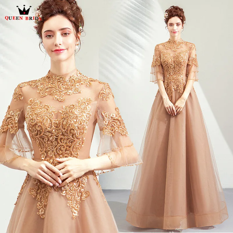 

Champagne Luxury Vintage Evening Dresses A-line High Neck Lace Beaded Prom Party Dress Evening Gown 2019 New Fashion JK62