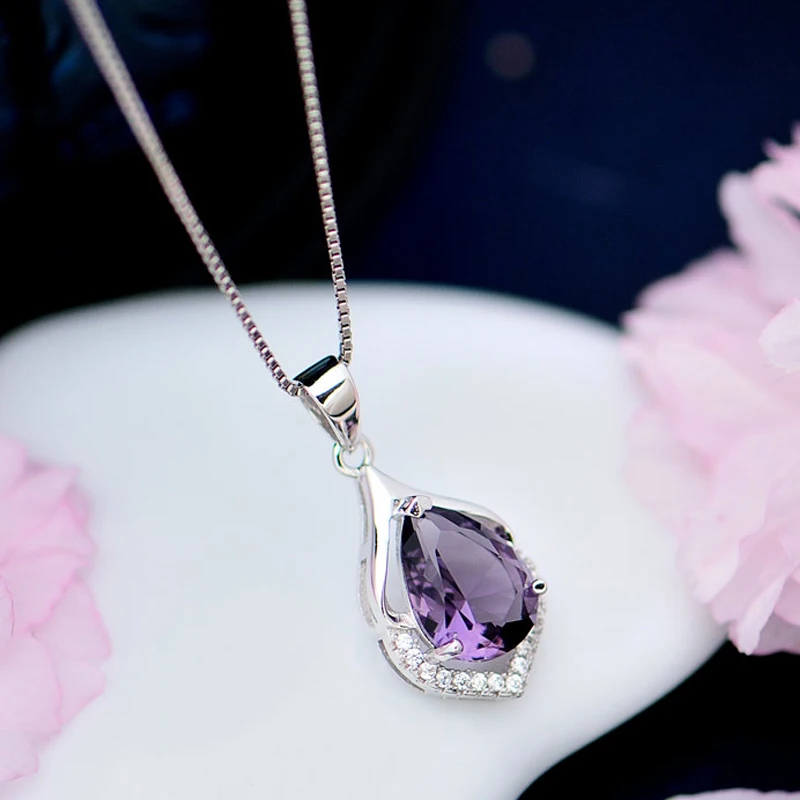 purple water drop crystal women necklaces silver (5)