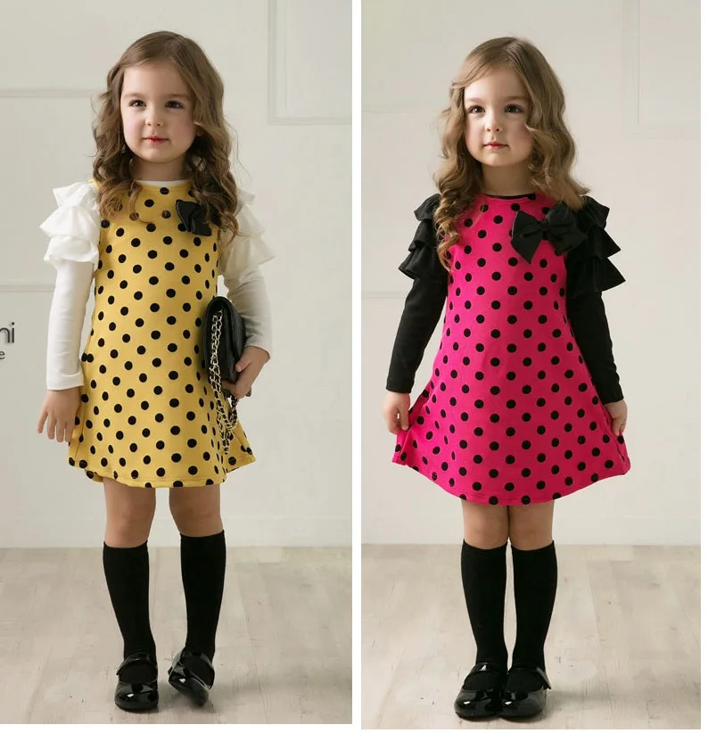 

Baby Girls Clothes Long Sleeve Polka Dots Baby Girls Dresses With Bow Patchwork Style Kids Dresses Autumn Baby Girls Clothes
