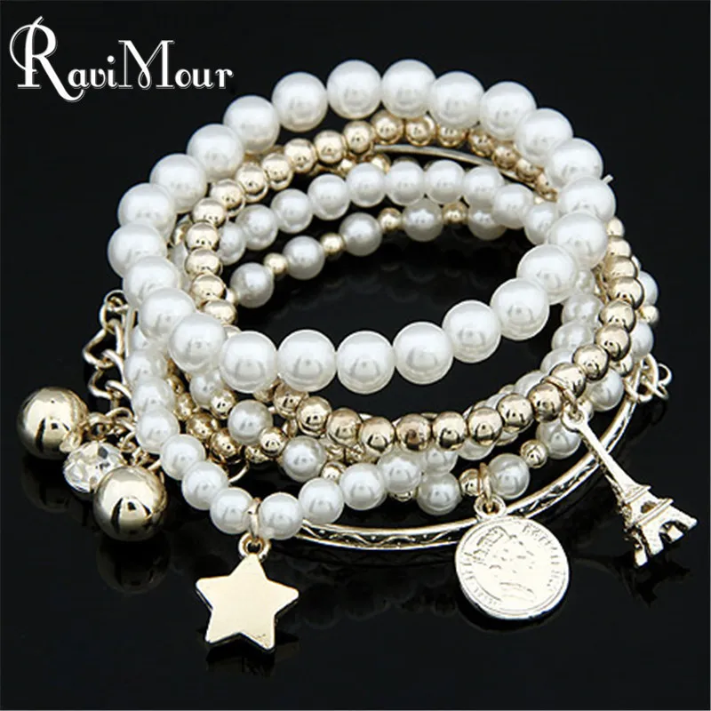 

RAVIMOUR Multilayers Charms Fashion Imitation Pearl Pulseras Star Coin Effiel Tower Bracelets & Bangles For Women Jewelry 2017