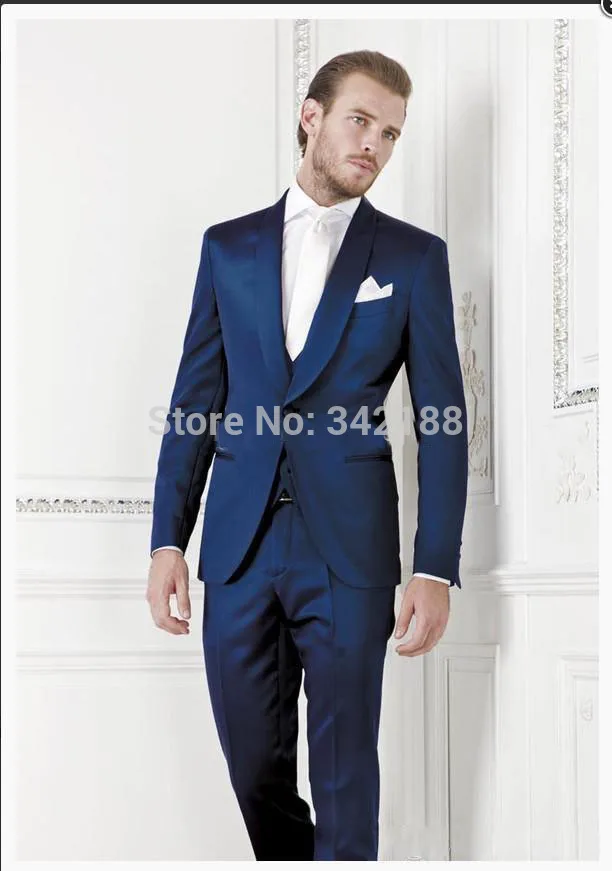 2015 FREE shipping/ One Button Blue Groom Tuxedos Shawl Lapel Best Man Groomsman Men Wedding Suits Bridegroom (Jacket+Pants+Vest