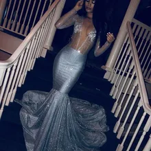 Блестящее серебристо-серое блестящее черное платье для выпускного вечера с русалочкой для девочек длинное Африканское вечернее платье с длинными рукавами элегантное платье с v-образным вырезом