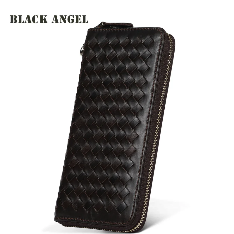 BLACK ANGEL Genuine Leather Weave Clutch Wallet High Quality Zipper Long Design Cow Leather Wallet Purse men