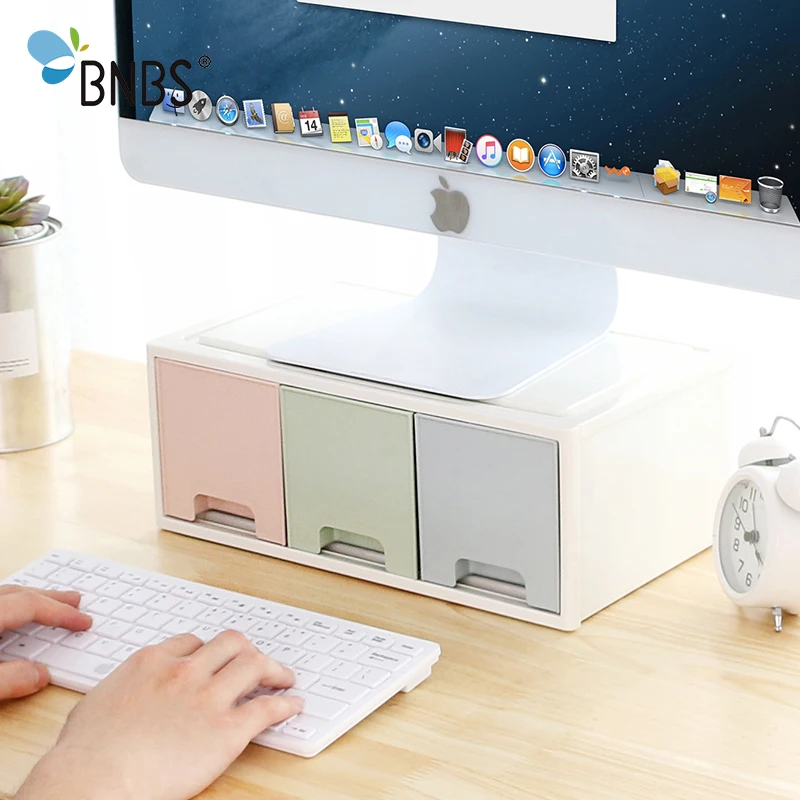 

BNBS LCD Monitors Stand With Drawer Office Desktop Sundries Storage Box Display Bracket Multi Use 3 Drawer Organizer Box