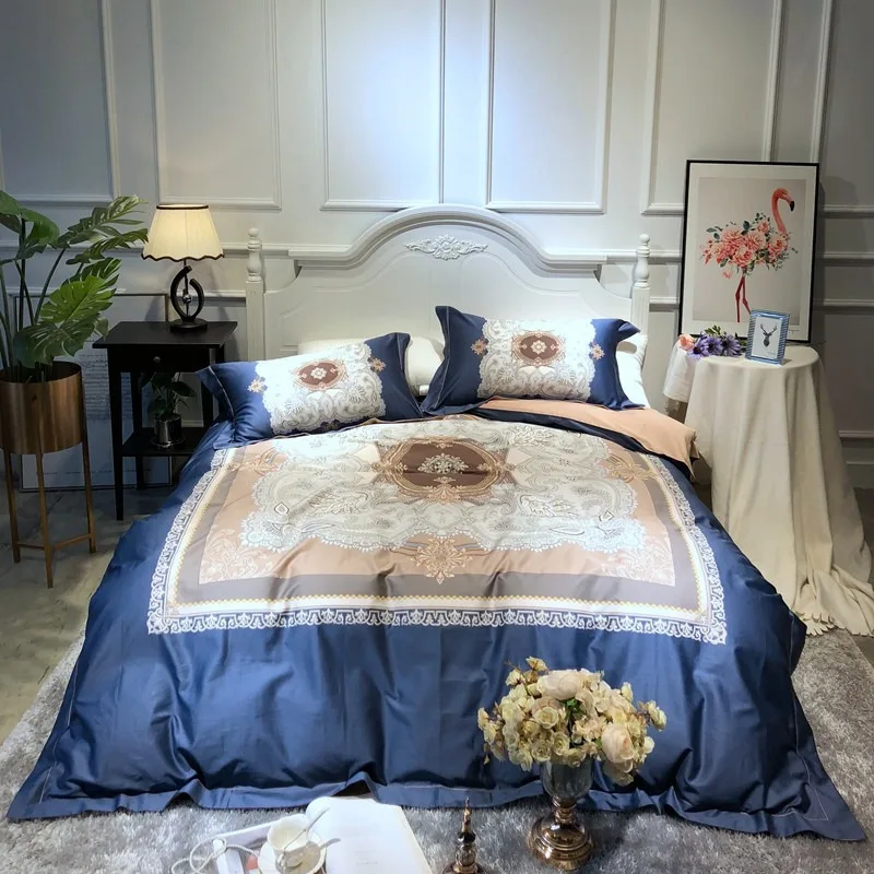 

Luxury Egyptian cotton bed Linen Bedding Set blue European long staple duvet cover bedclothes Pastoral queen king textile