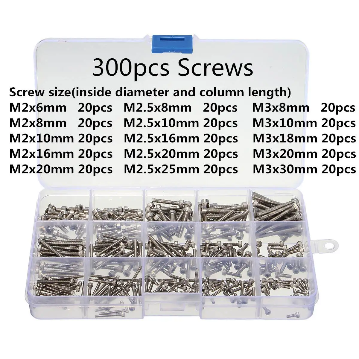 

300pcs/box MXSS2 M2/M2.5/M3 Stainless Hex Socket Cap Head Screws Allen bolt Nut Assortment Kit