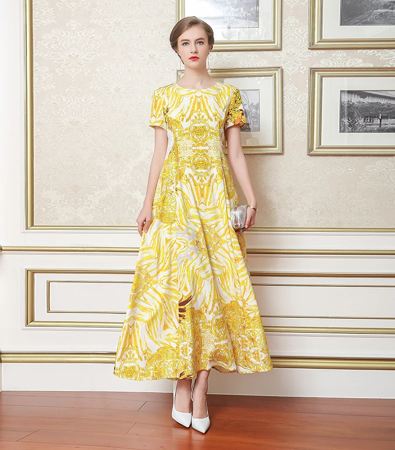 VOA желтый Boho печати тонкий шелк длинное платье Лето elegantкороткий рукав Винтаж платья для вечеринок для женщин vestido A7009