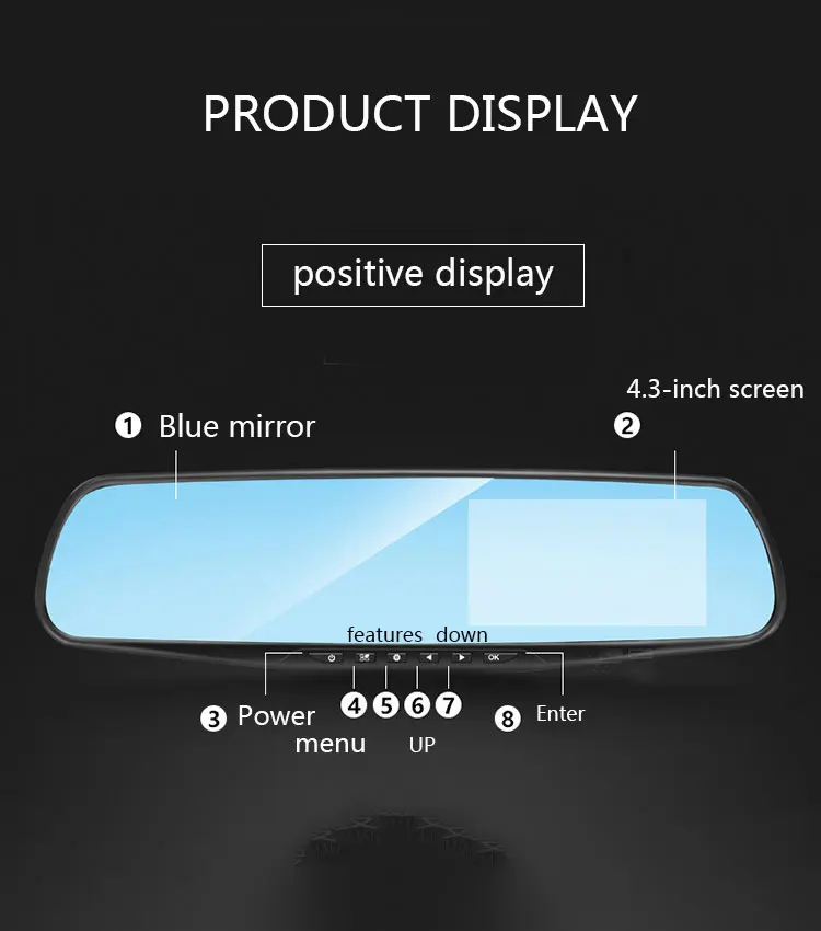 Full HD 1080p автомобиля камера-видеорегистратор Авто 4,3 дюймов Зеркало заднего вида цифрового видео Регистраторы Двойной объектив