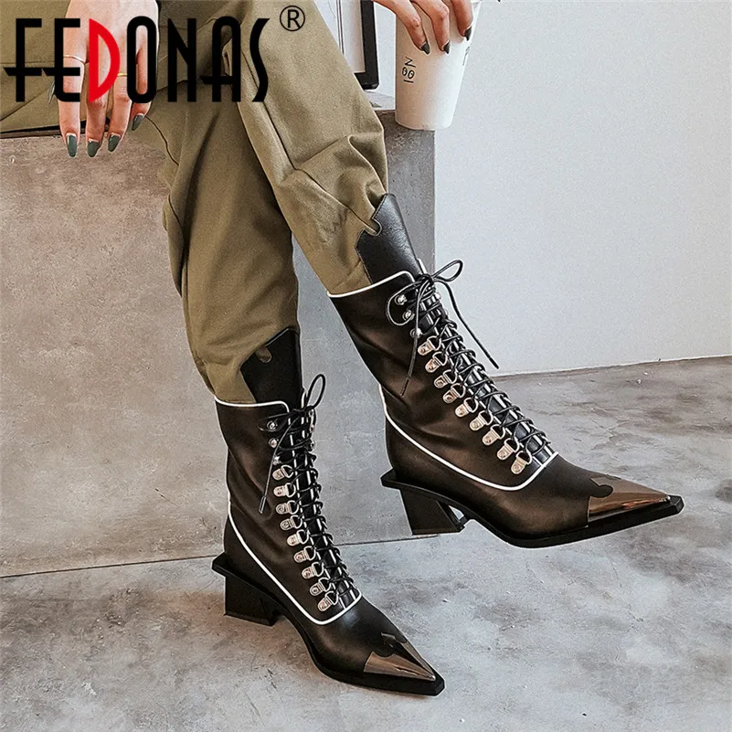 

FEDONAS Fashion Punk Strange Heels Women Mid-Calf Boots Cross Tied Genuine Leather Motorcycle Boots Party Night Club Shoes Woman