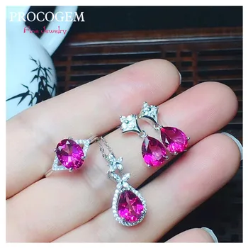 

Fancy Natural Pink Topaz Jewelry sets for women Party Genuine Gemstones with CZ Necklace Ring Earrings 925 Sterling silver #557