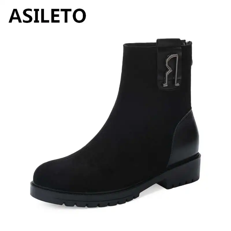 

ASILETO womens Autumn Winter ankle boots slip on back zipper sock booties soft suede leather booties motorcycle boot botas mujer