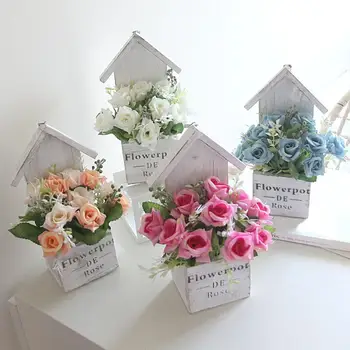 

1Pc Artificial Flower Wooden Cabin Pot Bonsai Garden Wedding Living Room Decor Artificial Flower