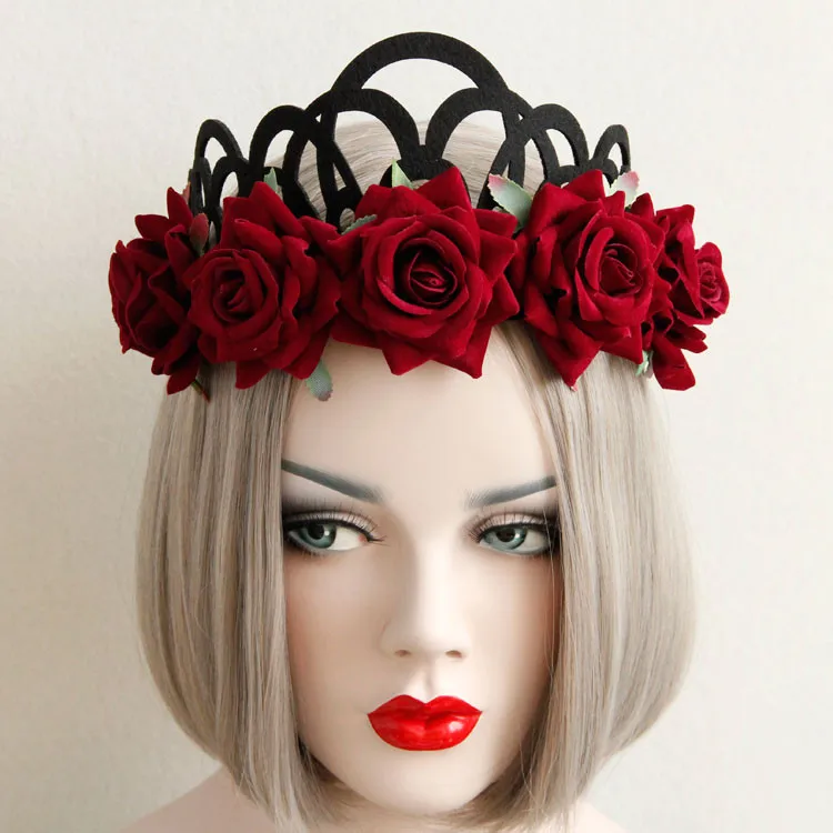 New Red Rose Flower Hairbands Gothic Queen Crown Tiara Headband Wreath