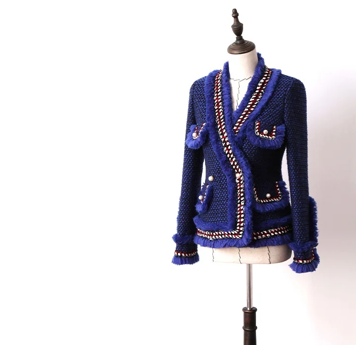 Высококачественная осенне-зимняя женская твидовая куртка с длинным рукавом и v-образным вырезом, с кисточками и жемчужинами, шерстяные женские куртки, роскошная Элегантная куртка - Цвет: Синий