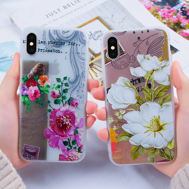 

Flower Case For iPhone 7 8 Plus XS Max Soft TPU Silicone Matte Cover For X 7 6 6S Plus 5 SE Floral Patterned Case For iPhone XR