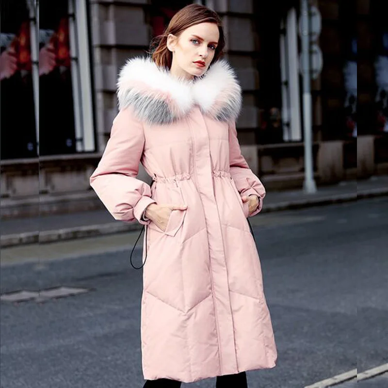 Новая модная женская зимняя куртка из натурального меха енота, длинная парка, куртка-пуховик на белом утином пуху, плотное теплое пальто, Женское пальто
