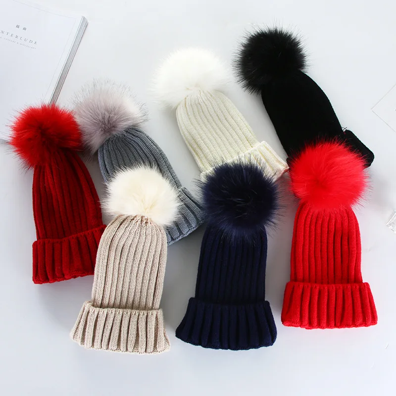

2018 New Winter Fur Pompom Ball Knitted Hat Women Flocking Brand Fashion Beanies Cap Female Vintage Thick Cotton Warm Caps Girl