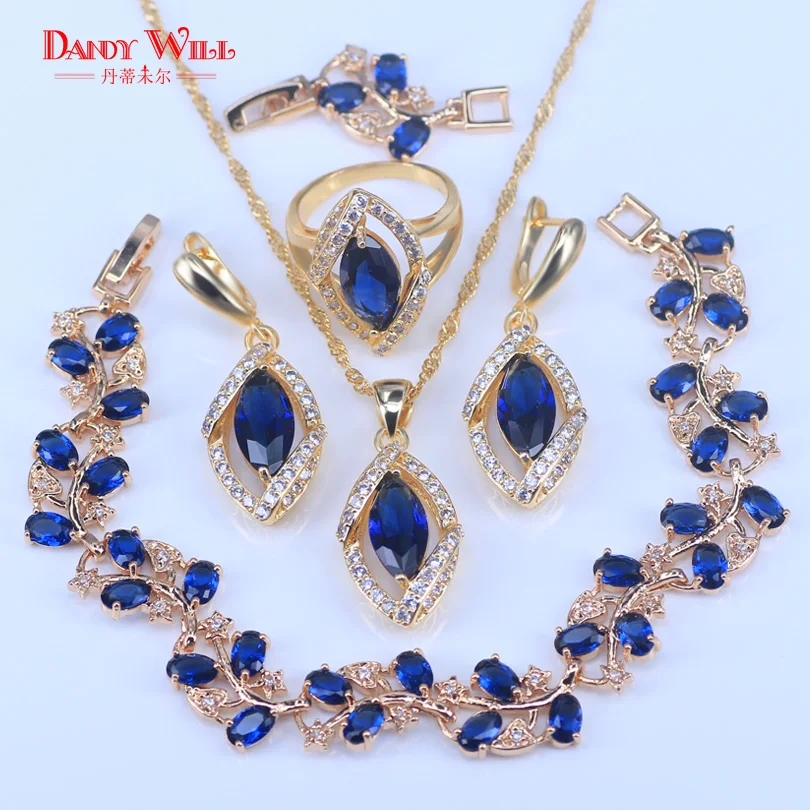 

Blue cubic zirconia gold color jewelry sets leaf bracelets pendants necklace drop earrings ring fashion jewelry