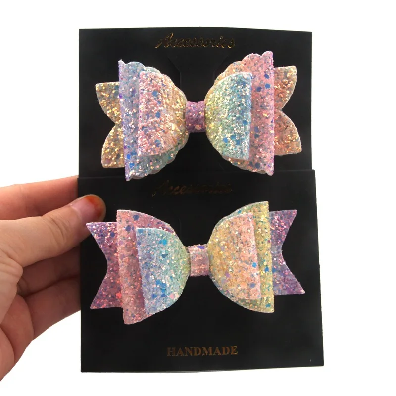 

10pc/lot New Glitter Neon Rainbow Color Bow Hair Clips Three-layer Gradient Colorful Hair Bow Barrette