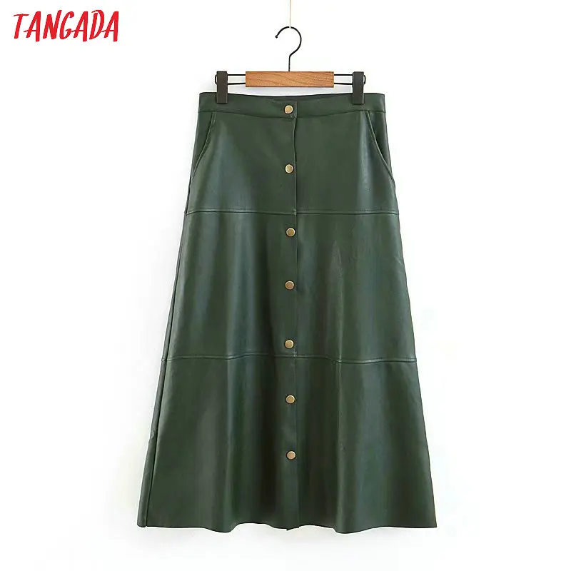 

Tangada women green female PU leather skirts rivet a line button ladies korea chic retro mid calf length skirts 3Z06
