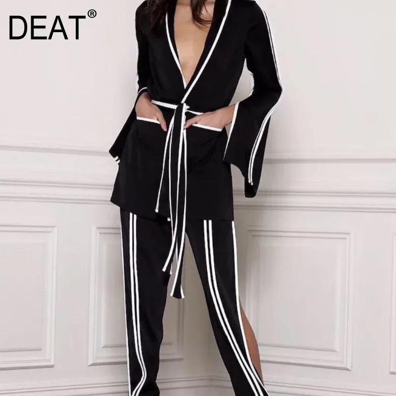 

DEAT Summer Spring 2019 Fashion V-collar Long Sleeve Striped Patchwork Adjsutable Waist Split Pants Two Piece Set Women AG23401L