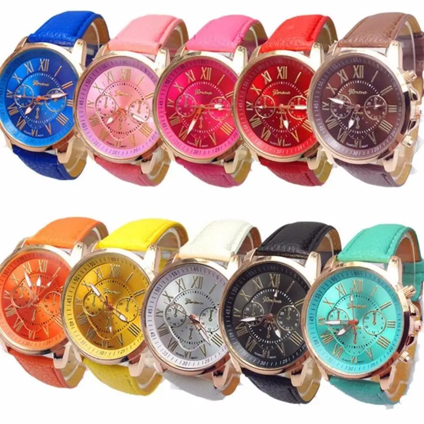 

10pc Geneva Women Watches Wholesale Roman Numerals Faux Leather Analog Quartz reloj mujer hombre kol saati Good-looking JUN 29