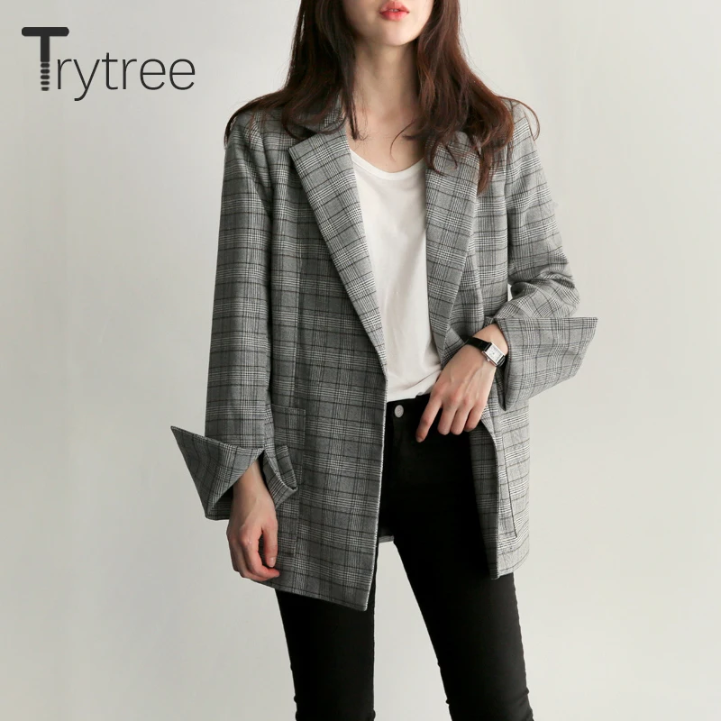 Trytree New Autumn Women Jackets Gray Plaid Office Lady 2018 Fashion Bow Sashes Split Sleeve Jackets Elegant Work  Coats