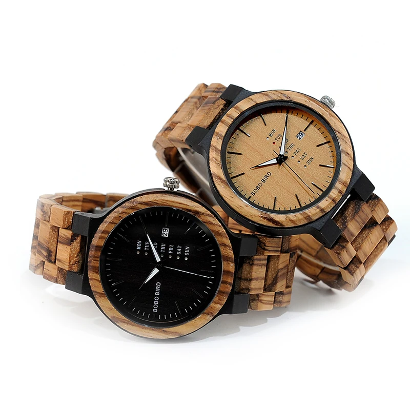 BOBO BIRD WO26 Zebra Wood Watch for Men with Week Display Date Quartz Watches Classic Two-tone Wooden Drop Shipping