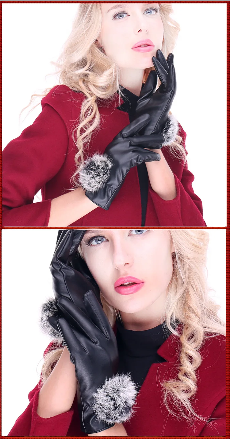 Для женщин Зимние перчатки Мода Высокое качество Женская кожаная Прихватки для мангала теплый кролик Мех животных перчатки Luvas варежки