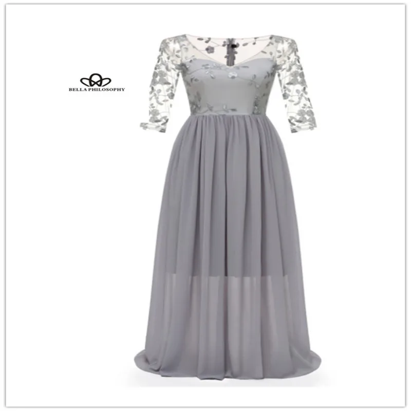 Wonder 2018 new autumn Elegant Women  Slap-up Lace  Inwrought Chiffon  Party V-Neck A-line party casual Ladies Dress