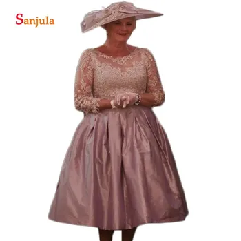 

Taffeta Skirt A-Line Elegant Mother of the Bride Dresses Three Quarter Sleeve Appliques Short Groom Mother Dress Still Knee D350