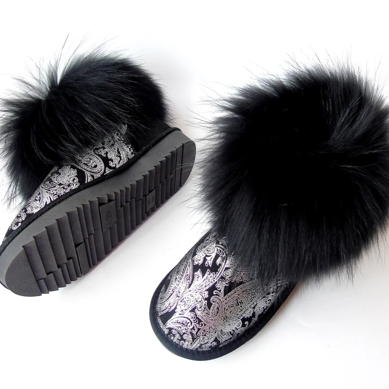 G&Zaco Black Fox Fur Snow Boots Flat Silver Printing Cowskin Ankle Boots Genuine Leather Short Women's Shoes Natural Fur Boots Women's Shoes