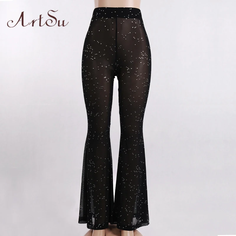 ArtSu женские сексуальные тонкие сетчатые брюки с широкими штанинами Прозрачные Пляжные длинные брюки Pantalon Femme ASPA41186