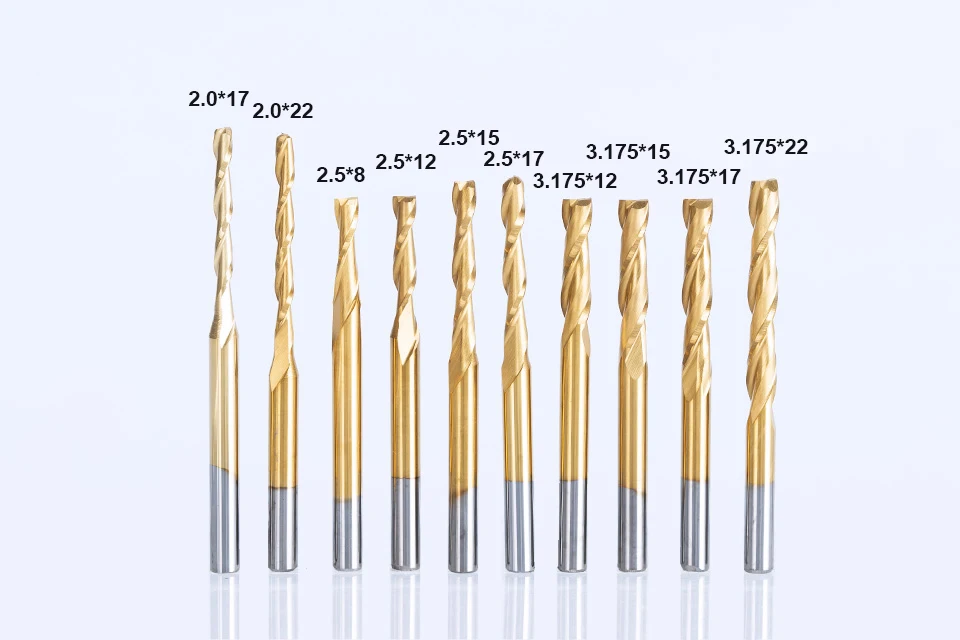 HUHAO 5pc/lot 3.175mm Titanium Coating 2 Flute Spiral router bit for wood CNC tool End Mill Tungsten Carbide PCB Milling Cutter