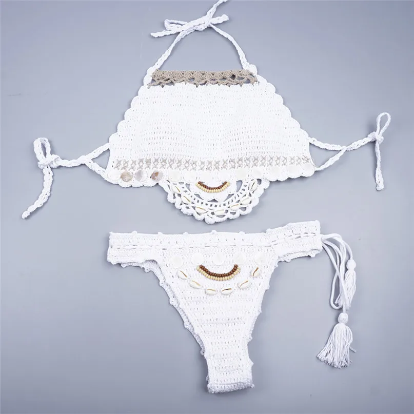 Bohemian Women Push-Up Handmade Knitted Bikini Set Swimwear Bra Hand-knit shellfish hanging neck split Swimsuit Beachwear J07 (7)