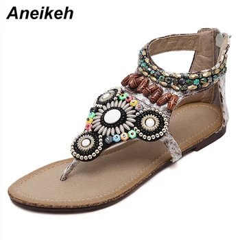 

Aneikeh 2018 Flats Women Sandals Fashion Casual Beach Girls Summer Sandals Bohemian Women Shoes Beaded sandalia Size 35-40