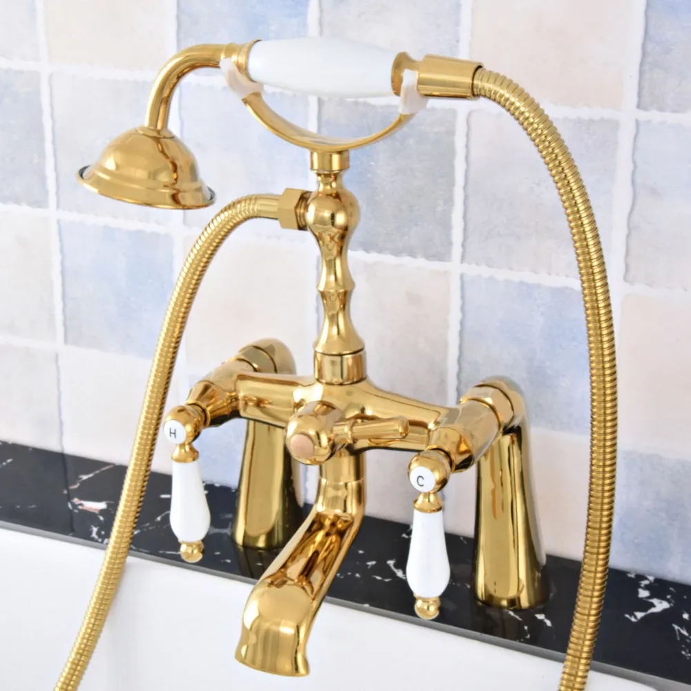 Sale Luxury Gold Color Brass Deck Mounted Bathroom Tub Faucet Dual Handles Telephone Style Hand Shower Clawfoot Tub Filler atf782