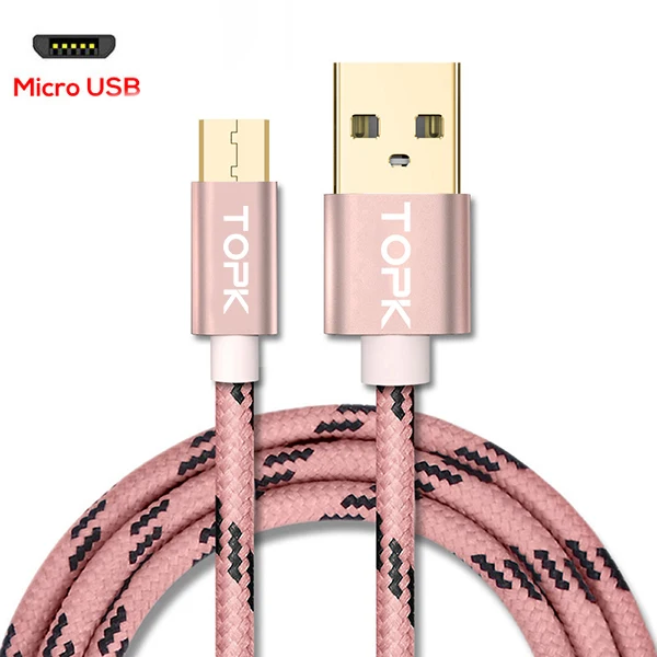 TOPK Micro USB кабель с металлической оболочкой Позолоченный разъем плетеный провод для samsung/sony/Xiaomi/Android телефон - Цвет: Rose gold