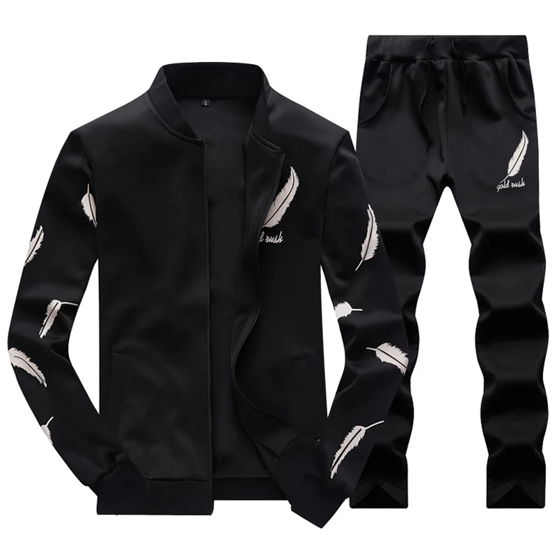 Autumn Casual Mens Tracksuit Set Zipper Spring Sets Fleece 3D Print Pleated Workout Hoodies Sweatshirt+Pants Suit Slim Fit - Цвет: EM083O Black