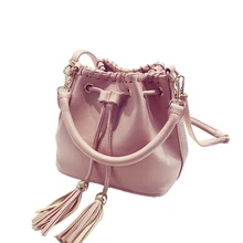 Korean Style Fashion Fringes Ornament Mini Bucket Bag Women Chic Knitting Drawstring Handbag Lady Tassel PU Small Crossbody Bag