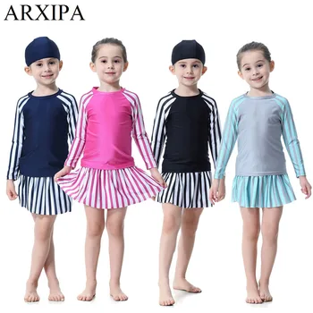 

ARXIPA 2019 Muslim Girl Swimsuit Kids Conservative Arabian Islamic Swimwear Burkinis Modest Striped Children Cloth Summer Dress