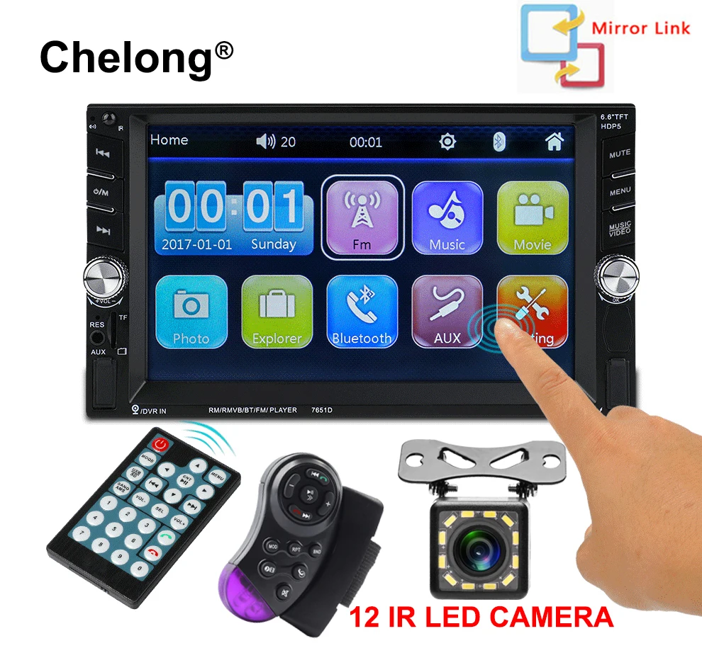 

2 Din 6.6" Touch screen Car audio auto radio player with bluetooth handsfree rear view camera mirror double din autoradio Stereo
