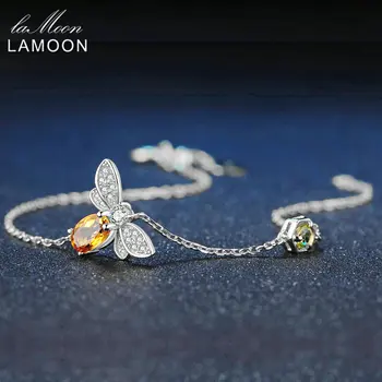 

LAMOON Bee 5X7mm 100% Natural Oval Citrine 925 Sterling Silver Jewelry White Gold Plated Chain Charm Bracelet S925 LMHI059
