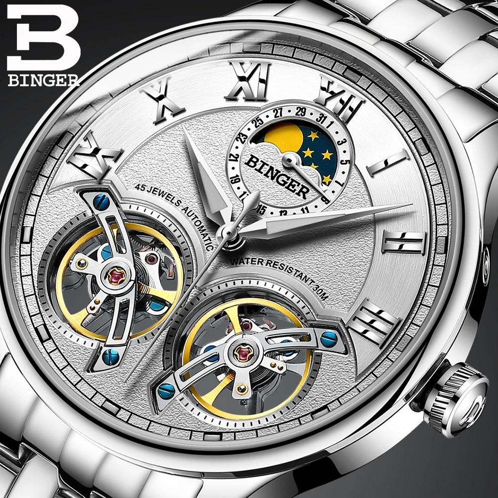

BINGER Mens Sport Watches Big Skeleton Dial Luminous Tourbillon Watch Calendar Steel Automatic Watch Mechanical Wristwatches